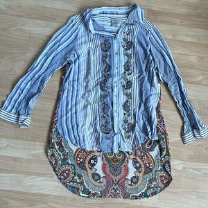 Chico's Floral Paisley Embroidered Chiffon Contrast Back Button Shirt